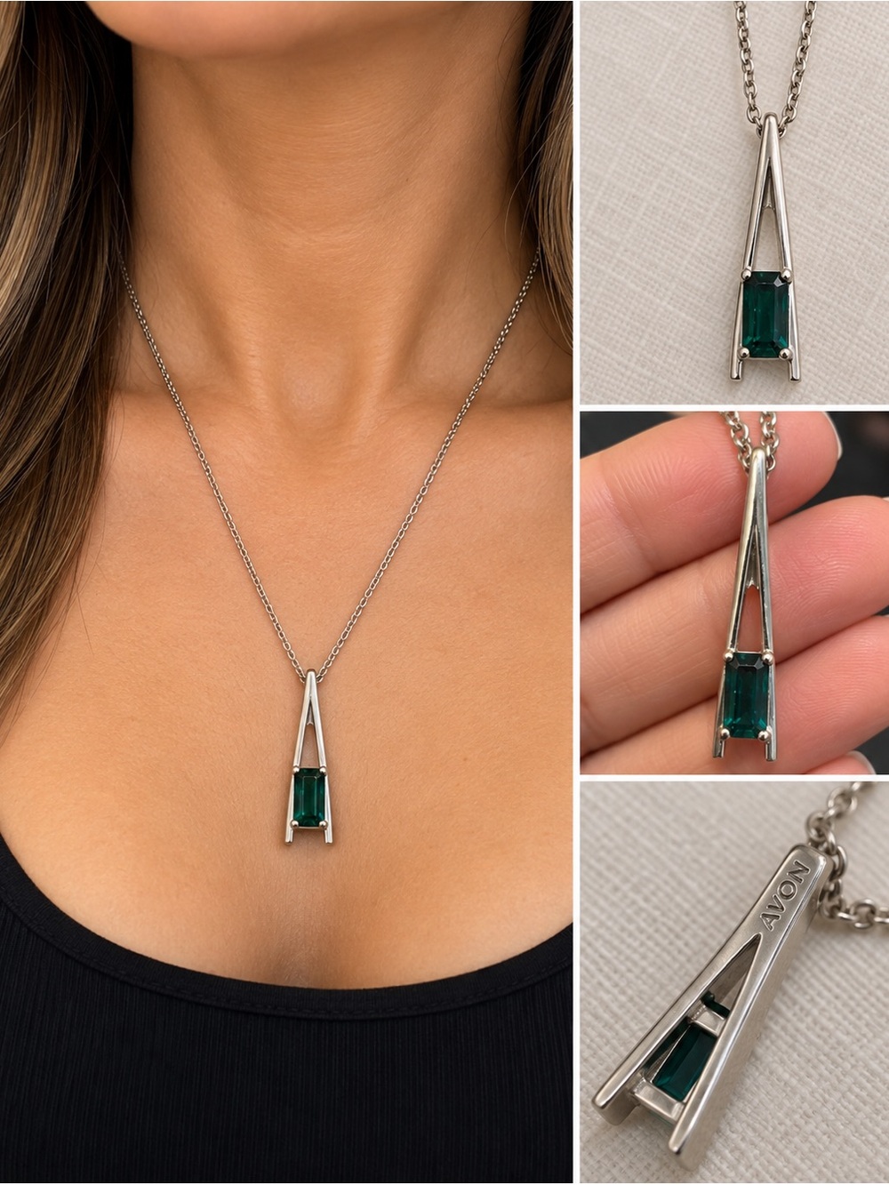 Vintage Avon Silver Tone Green Stone Geometric Pendant Necklace
